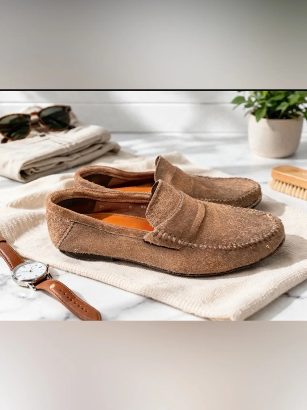santoni size 9.5 brown suede loafers made in Italy
